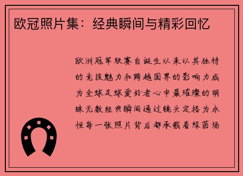 欧冠照片集：经典瞬间与精彩回忆