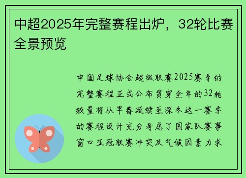 中超2025年完整赛程出炉，32轮比赛全景预览